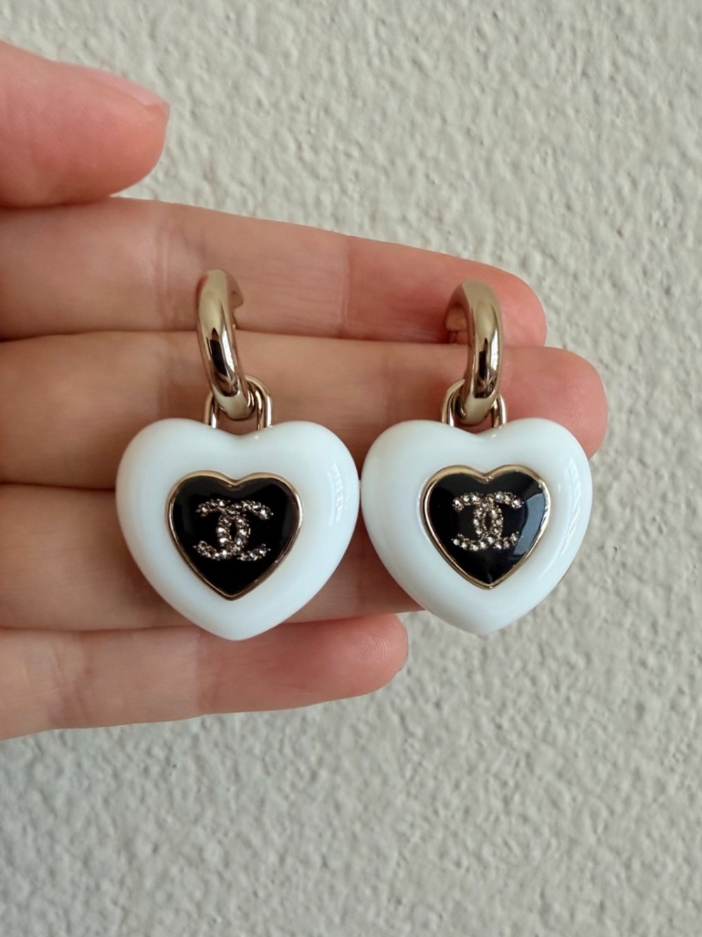 CHANEL White Heart Drop Earrings with Black Center and Gold Hoops